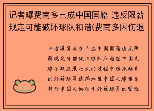 记者曝费南多已成中国国籍 违反限薪规定可能破坏球队和谐(费南多因伤退出国足集训)